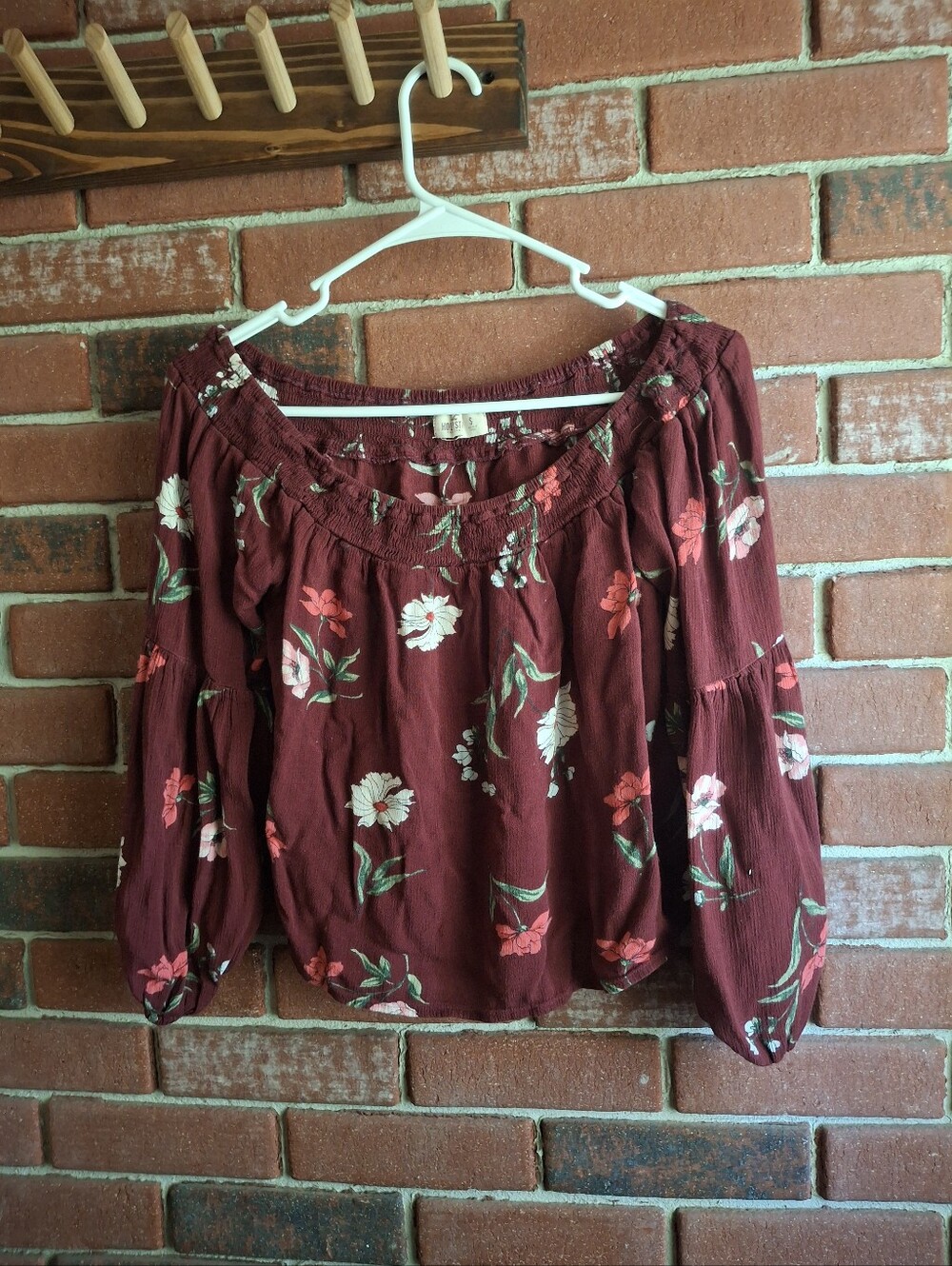 Hollister Burgundy Floral Off-Shoulder Peasant Blouse
